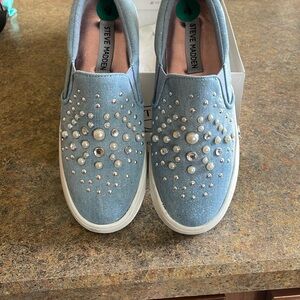 Steve Madden Denim Slip-Ons with Pearl Accents